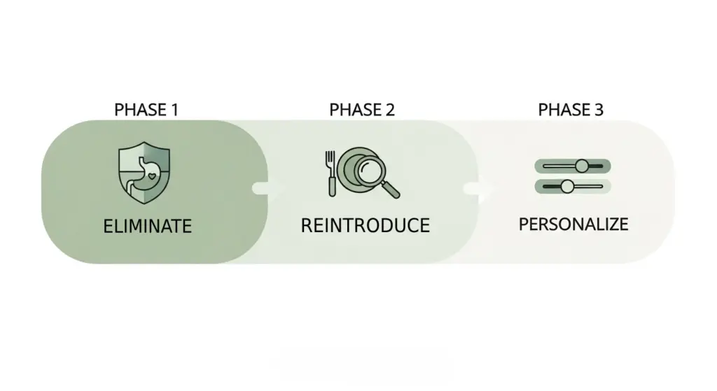 Infographic of the three Low FODMAP diet phases – Eliminate, Reintroduce, Personalize